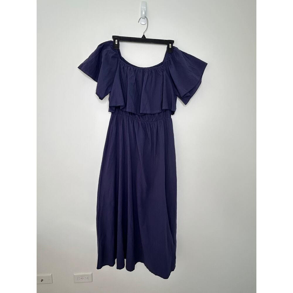 Cupshe Off-Shoulder Maxi Sundress Sz M Navy Blue 100% Cotton Side Slit Beach